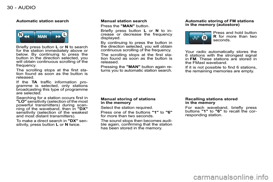 Citroen BERLINGO FIRST DAG RHD 2010 1.G Owners Manual AUDIO30 -� �B�r�i�e�ﬂ� �y� �p�r�e�s�s� �b�u�t�t�o�n� �  L  or   N  to search 
for  the  station  immediately  above  or  
below.  By  continuing  to  press  the 
button  in  the  direction  selected