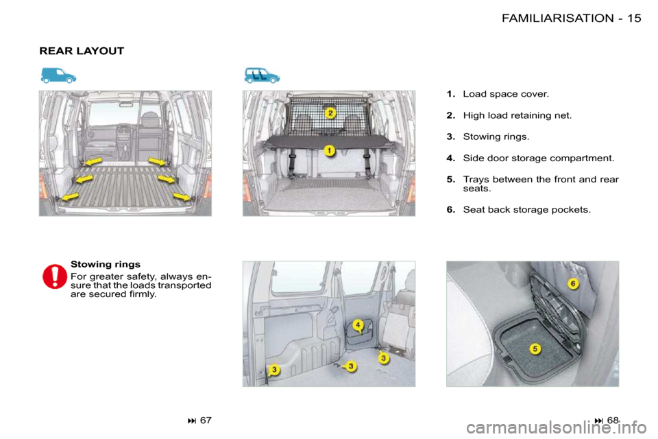 Citroen BERLINGO FIRST RHD 2010 1.G User Guide 15FAMILIARISATION-
 REAR LAYOUT  
� � �S�t�o�w�i�n�g� �r�i�n�g�s�  
 For greater safety, always en- 
sure that the loads transported 
�a�r�e� �s�e�c�u�r�e�d� �ﬁ� �r�m�l�y�.�    
�   67        
1.