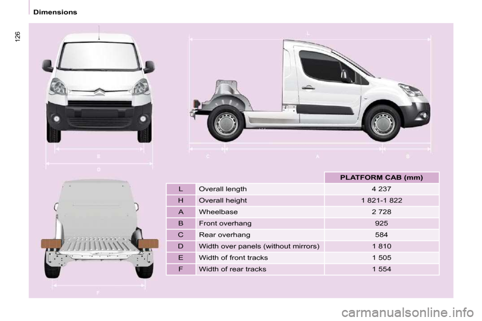 Citroen BERLINGO 2010 2.G Owners Manual 126
   Dimensions   
       
PLATFORM CAB (mm)    
  L    Overall length    4 237  
  H    Overall height    1 821-1 822     A    Wheelbase    2 728  
  B    Front overhang    925  
  C    Rear overha
