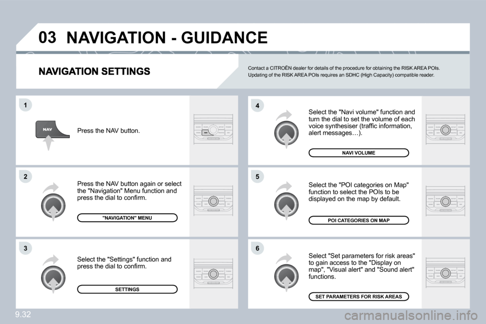 Citroen BERLINGO 2010 2.G Owners Manual 9.32
�0�3
�6
�4
�5
�1
�2
�3
 Select the "Navi volume" function and turn the dial to set the volume of each �v�o�i�c�e� �s�y�n�t�h�e�s�i�s�e�r� �(�t�r�a�f�ﬁ� �c� �i�n�f�o�r�m�a�t�i�o�n�,� �a�l�e�r�t�