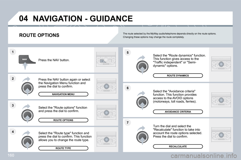 Citroen C3 DAG 2010 2.G Owners Manual 160
�4
�3
�2
�1
�7
�6
�5
�0�4� �N�A�V�I�G�A�T�I�O�N� �-� �G�U�I�D�A�N�C�E� 
� � �R�O�U�T�E� �O�P�T�I�O�N�S� 
  Select the "Route dynamics" function. � �T�h�i�s� �f�u�n�c�t�i�o�n� �g�i�v�e�s� �a�c�c�e�