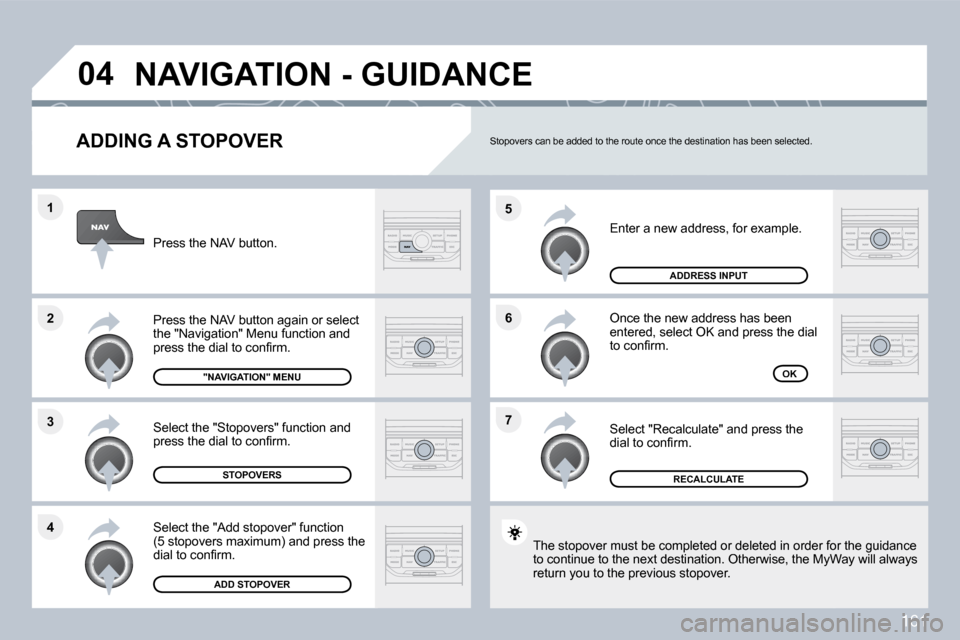 Citroen C3 DAG 2010 2.G Owners Manual 161
�7
�6
�5
�4
�3
�2
�1
�0�4
� � �A�D�D�I�N�G� �A� �S�T�O�P�O�V�E�R� 
� �E�n�t�e�r� �a� �n�e�w� �a�d�d�r�e�s�s�,� �f�o�r� �e�x�a�m�p�l�e�.� 
 Once the new address has been �e�n�t�e�r�e�d�,� �s�e�l�e�