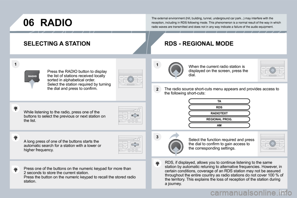 Citroen C3 DAG 2010 2.G Owners Manual 167
�3
�2
�1
�1
�0�6
�S�E�L�E�C�T�I�N�G� �A� �S�T�A�T�I�O�N� 
  When the current radio station is displayed on the screen, press the dial.  
  The radio source short-cuts menu appears and prov
idesovi