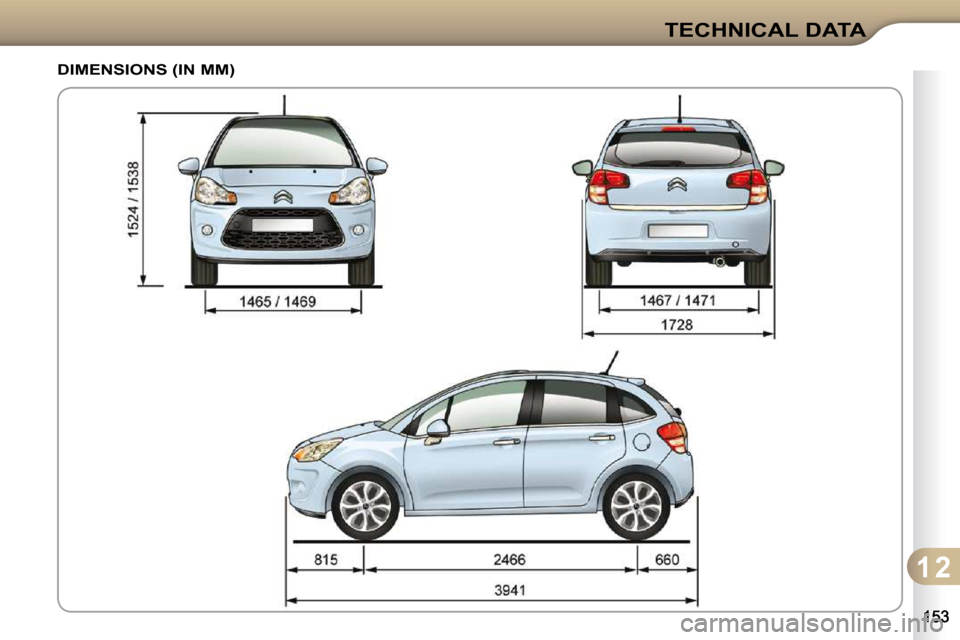 Citroen C3 2010 2.G Owners Manual 1 2
TECHNICAL DATA
DIMENSIONS (IN MM)    