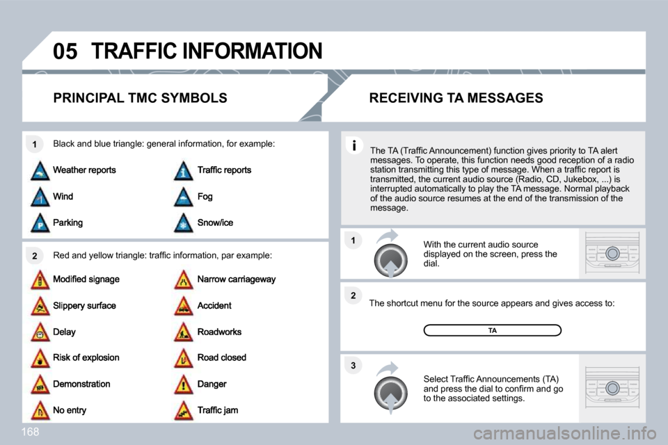 Citroen C3 2010 2.G Owners Manual 168
�0�5
�2
�1
�3
�2
�1
� �T�R�A�F�F�I�C� �I�N�F�O�R�M�A�T�I�O�N� 
�P�R�I�N�C�I�P�A�L� �T�M�C� �S�Y�M�B�O�L�S� 
� � �R�e�d� �a�n�d� �y�e�l�l�o�w� �t�r�i�a�n�g�l�e�:� �t�r�a�f�ﬁ� �c� �i�n�f�o�r�m�a�t