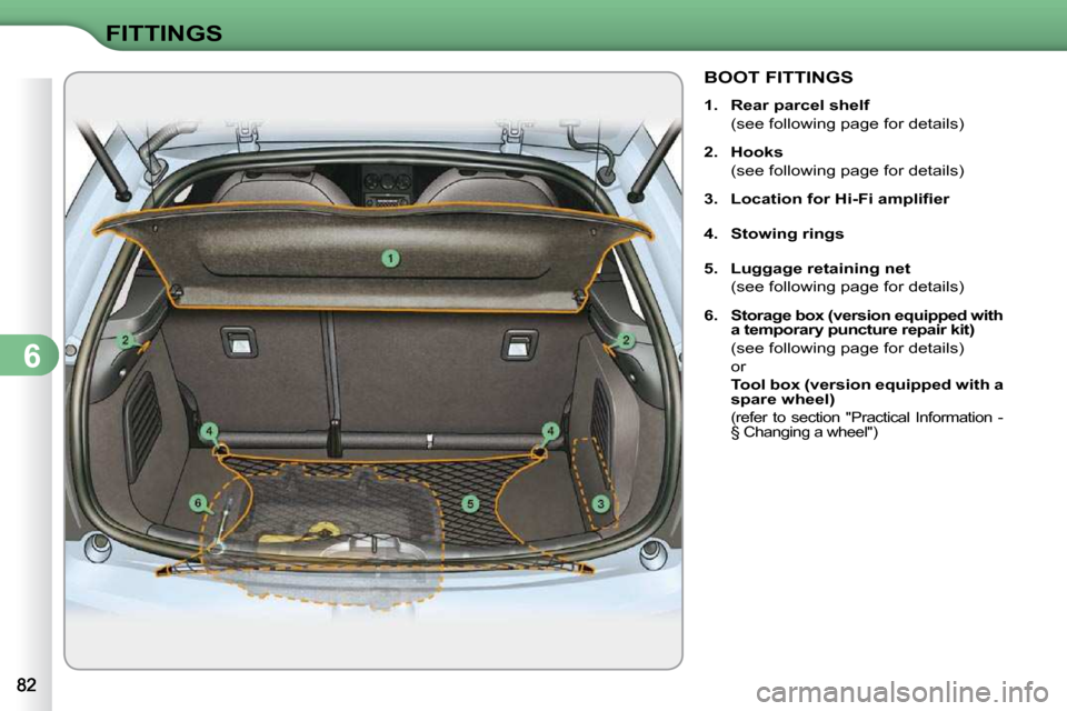 Citroen C3 2010 2.G Owners Manual 6
FITTINGS
BOOT FITTINGS 
   
1.     Rear    
parcel    
shelf    
  (see following page for details)  
  
2.     Hooks    
  (see following page for details) 
  
3.     �L�o�c�a�t�i�o�n� �f�o�r� �H�i