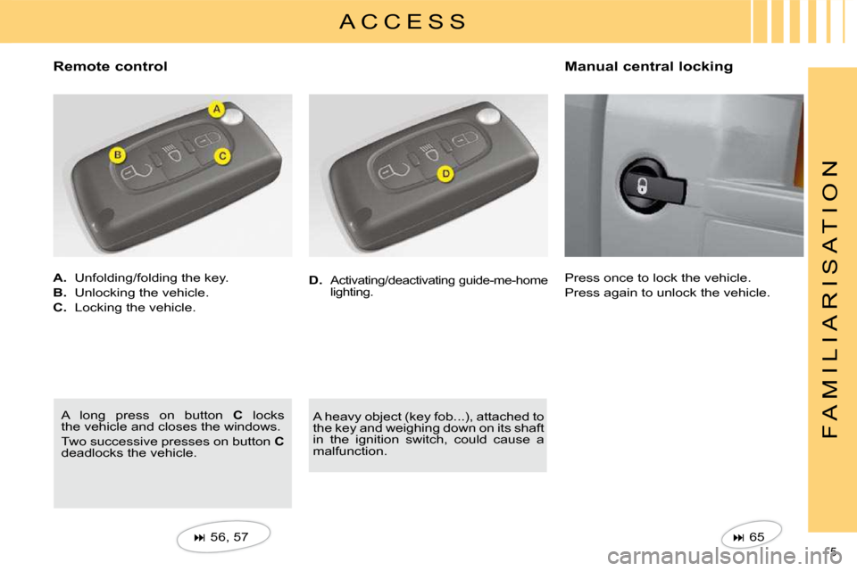 Citroen C4 DAG 2010 2.G Owners Manual 5 
F A M I L I A R I S A T I O N
 A C C E S S 
  Remote control  
   
A.    Unfolding/folding the key. 
  
B.    Unlocking the vehicle. 
  
C.    Locking the vehicle. 
   
�   56, 57   
 A  long  p