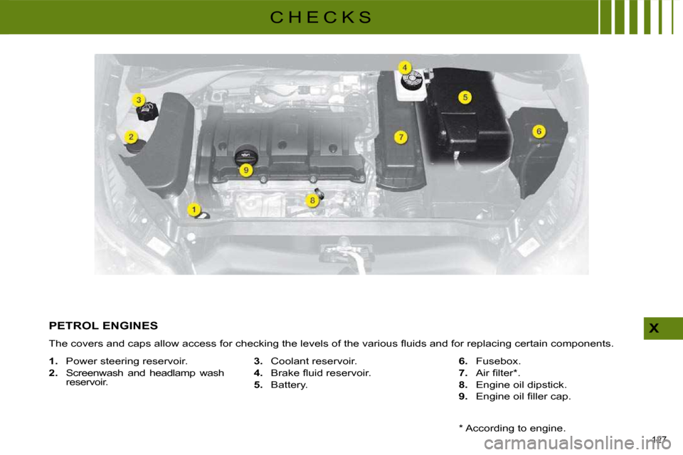 Citroen C4 DAG 2010 2.G Owners Manual 127 
X
C H E C K S
PETROL ENGINES 
� �T�h�e� �c�o�v�e�r�s� �a�n�d� �c�a�p�s� �a�l�l�o�w� �a�c�c�e�s�s� �f�o�r� �c�h�e�c�k�i�n�g� �t�h�e� �l�e�v�e�l�s� �o�f� �t�h�e� �v�a�r�i�o�u�s� �ﬂ� �u�i�d�s� �a�