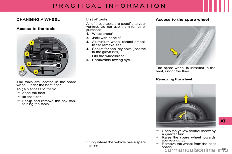 Citroen C4 DAG 2010 2.G Owners Manual 133 
XI
P R A C T I C A L   I N F O R M A T I O N
CHANGING A WHEEL 
  Access to the tools  
 The  tools  are  located  in  the  spare  
�w�h�e�e�l�,� �u�n�d�e�r� �t�h�e� �b�o�o�t� �ﬂ� �o�o�r�.�  
 T