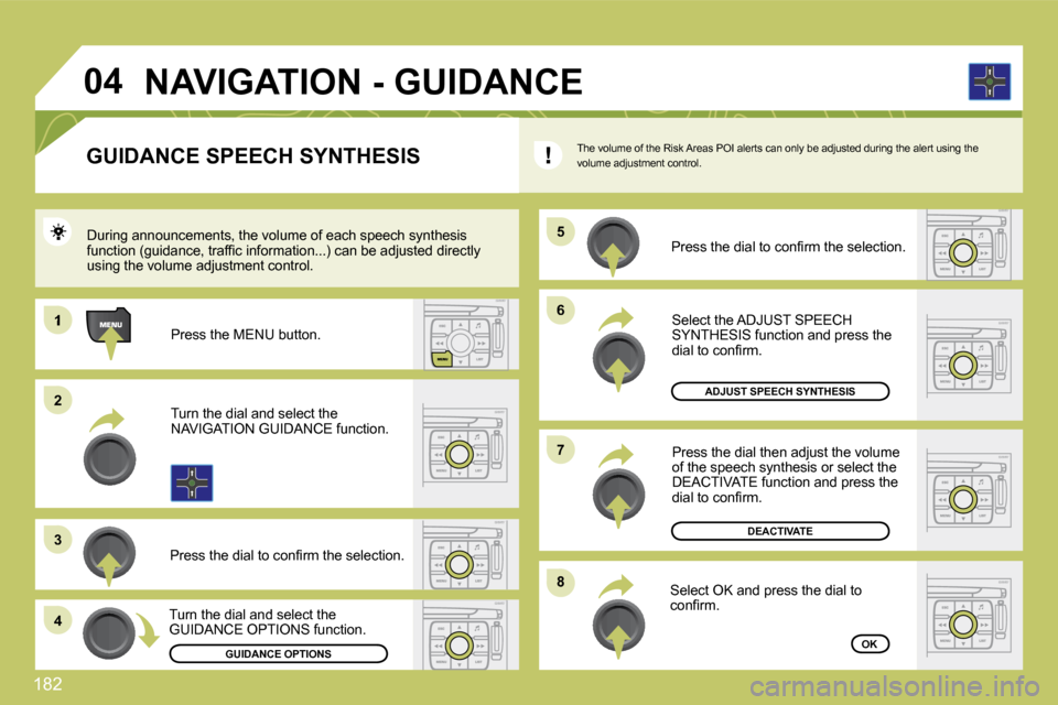 Citroen C4 DAG 2010 2.G Owners Manual 182 
�6�6
�8�8
�7�7
�5�5
1
�2�2
�3�3
�4�4
�0�4
GUIDANCE SPEECH SYNTHESIS 
� � �P�r�e�s�s� �t�h�e� �d�i�a�l� �t�o� �c�o�n�ﬁ� �r�m� �t�h�e� �s�e�l�e�c�t�i�o�n�.� �  During announcements, the volume of