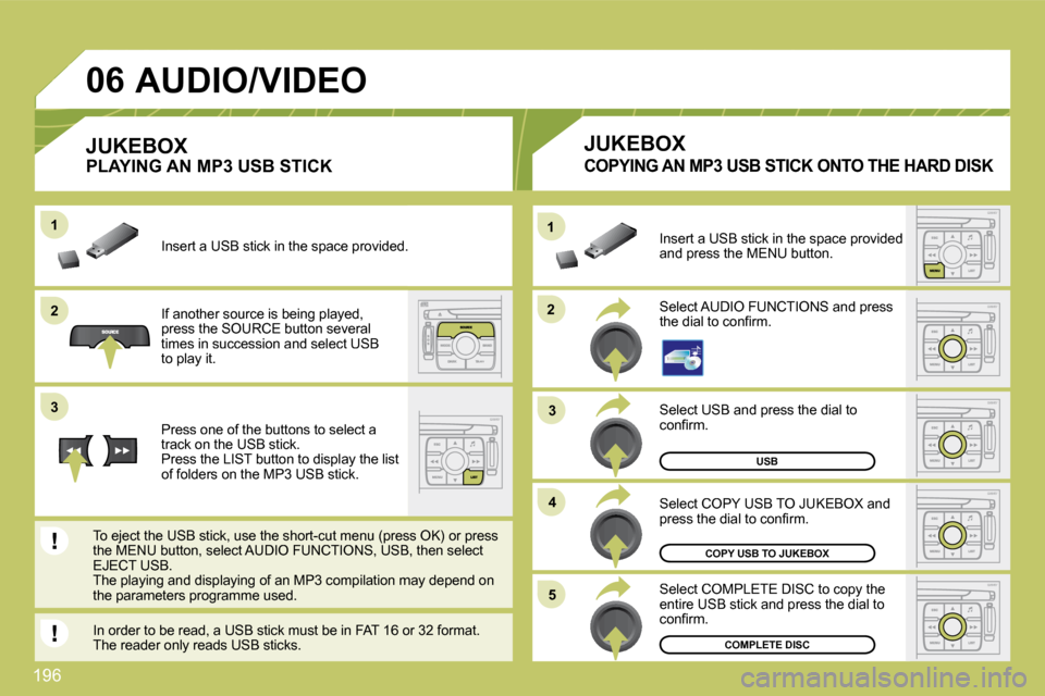 Citroen C4 DAG 2010 2.G Owners Manual 196 
�2�2
11
�3�3
�4�4
�5�5
�2�2
�3�3
11
�0�6
USB
COPY USB TO JUKEBOX
COMPLETE DISC
 Select USB and press the dial to �c�o�n�ﬁ� �r�m�.� 
 Select COPY USB TO JUKEBOX and �p�r�e�s�s� �t�h�e� �d�i�a�l�