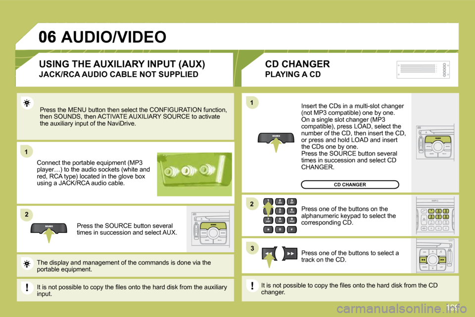 Citroen C4 DAG 2010 2.G Owners Manual 199
11
�2�2
11
�3�3
�2�2
 Press the MENU button then select the CONFIGURATION function, then SOUNDS, then ACTIVATE AUXILIARY SOURCE to acti vate the auxiliary input of the NaviDrive. 
 Connect the por