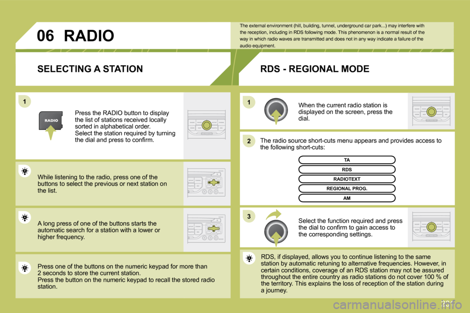 Citroen C4 DAG 2010 2.G Owners Manual 231
�3
�2
�1
�1
�0�6
�S�E�L�E�C�T�I�N�G� �A� �S�T�A�T�I�O�N� 
  When the current radio station is displayed on the screen, press the dial.  
  The radio source short-cuts menu appears and prov
idesovi