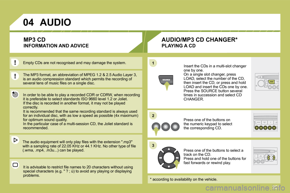 Citroen C4 DAG 2010 2.G Owners Manual 251
04
11
22
33
  The MP3 format, an abbreviation of MPEG 1.2 & 2.5 Au2.5 Audio Layer 3, �i�s� �a�n� �a�u�d�i�o� �c�o�m�p�r�e�s�s�i�o�n� �s�t�a�n�d�a�r�d� �w�h�i�c�h� �p�e�r�m�i�t�s� �t�h�e�  �r�e�c�o