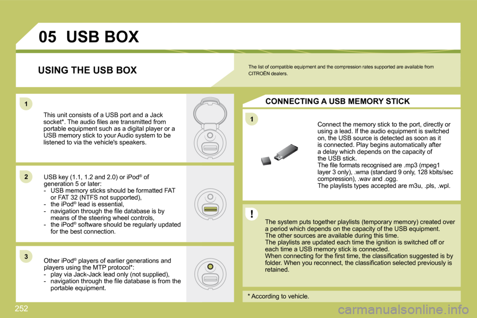 Citroen C4 DAG 2010 2.G Owners Manual 252
1
11
22
33
05 USB BOX 
� � �T�h�e� �s�y�s�t�e�m� �p�u�t�s� �t�o�g�e�t�h�e�r� �p�l�a�y�l�i�s�t�s� �(�t�e�m�p�o�r�a�r�y� �m�e�m�o�r�y�)� �c�r�e�a�t�e�d� �o�v�e�r� �a� �p�e�r�i�o�d� �w�h�i�c�h� �d�e�