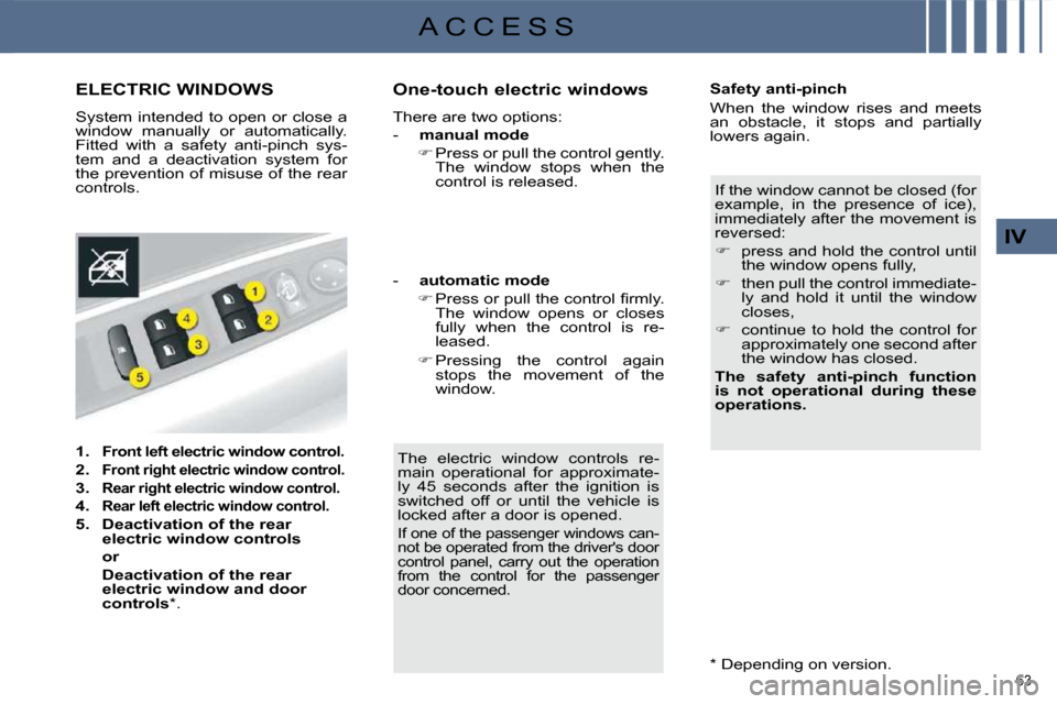 Citroen C4 DAG 2010 2.G Manual PDF 63 
IV
A C C E S S
ELECTRIC WINDOWS 
 System intended to open or close a  
window  manually  or  automatically. 
Fitted  with  a  safety  anti-pinch  sys-
tem  and  a  deactivation  system  for 
the p
