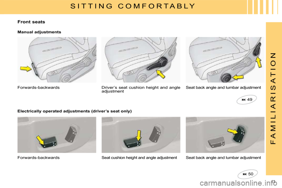 Citroen C4 DAG 2010 2.G Owners Manual 13 
F A M I L I A R I S A T I O N
 S I T T I N G   C O M F O R T A B L Y 
  Front seats  
  Manual adjustments  
 Forwards-backwards   Driver’s  seat  cushion  height  and  angle adjustment  Seat ba