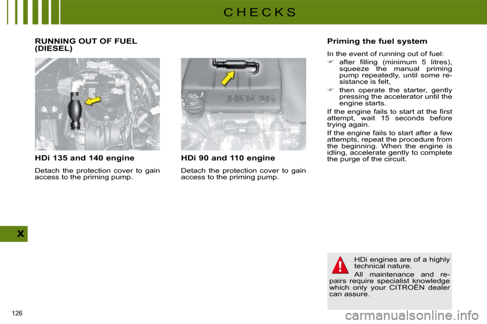 Citroen C4 2010 2.G Owners Manual 126 
C H E C K S
 RUNNING OUT OF FUEL (DIESEL) 
  HDi 135 and 140 engine  
 Detach  the  protection  cover  to  gain  
access to the priming pump.    HDi 90 and 110 engine  
 Detach  the  protection  