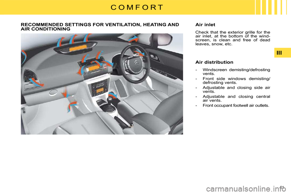 Citroen C4 2010 2.G Owners Manual 41 
III
C O M F O R T
RECOMMENDED SETTINGS FOR VENTILATION, HEATING AND AIR CONDITIONING   Air inlet  
 Check  that  the  exterior  grille  for  the  
air  inlet,  at  the  bottom  of  the  wind-
scre