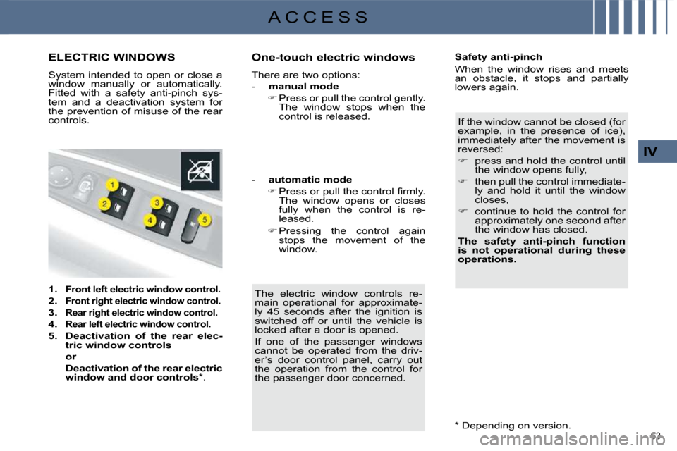 Citroen C4 2010 2.G Manual PDF 63 
IV
A C C E S S
ELECTRIC WINDOWS 
 System intended to open or close a  
window  manually  or  automatically. 
Fitted  with  a  safety  anti-pinch  sys-
tem  and  a  deactivation  system  for 
the p