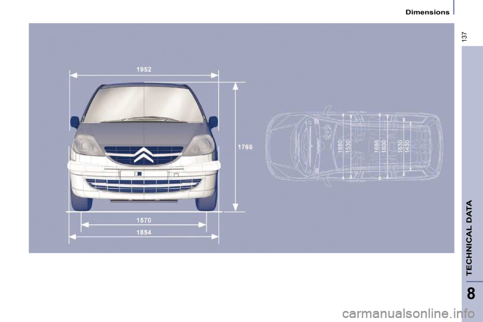 Citroen C8 2010 1.G Owners Manual 137
8
 Dimensions 
TECHNICAL DATA  