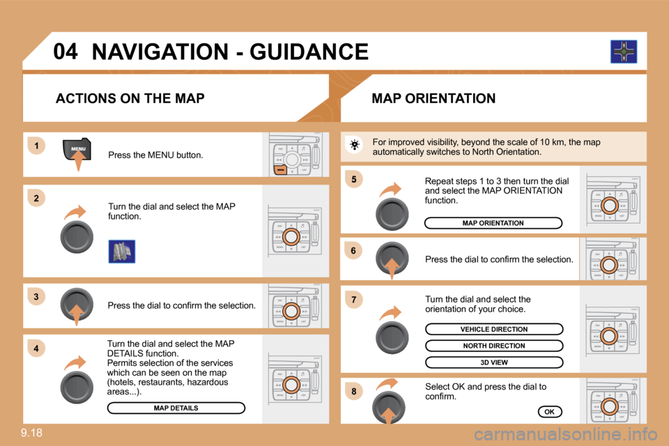 Citroen C8 2010 1.G Owners Manual 9.18 
11
�2�2
�3�3
�4�4
�5
�6�6
�7�7
�8�8
�0�4
  Press the MENU button.  
  Turn the dial and select the MAP function.  
� � �P�r�e�s�s� �t�h�e� �d�i�a�l� �t�o� �c�o�n�ﬁ� �r�m� �t�h�e� �s�e�l�e�c�t�