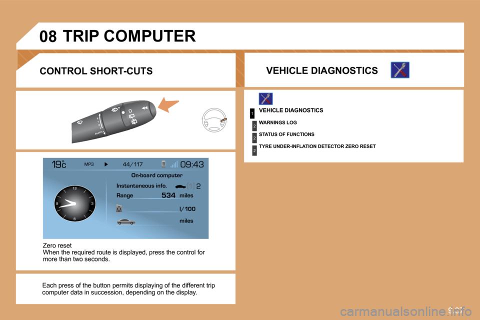 Citroen C8 2010 1.G Owners Manual 9.37
1
2
2
2
�0�8
 VEHICLE DIAGNOSTICS 
 WARNINGS LOG 
 STATUS OF FUNCTIONS 
� �T�Y�R�E� �U�N�D�E�R�-�I�N�F�L�A�T�I�O�N� �D�E�T�E�C�T�O�R� �Z�E�R�O� �R�E�S�E�T� 
 TRIP COMPUTER 
  VEHICLE DIAGNOSTICS 