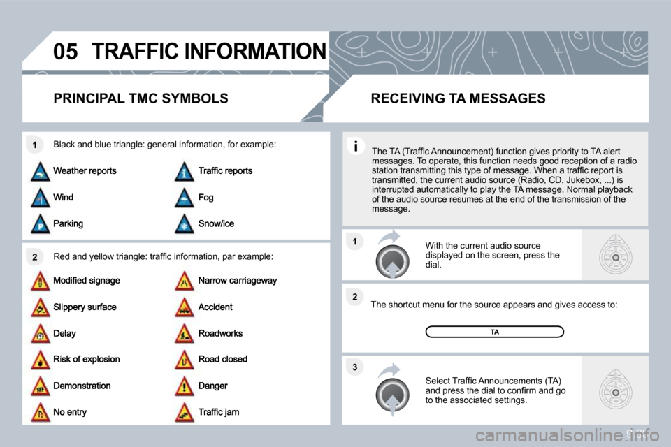 Citroen C8 2010 1.G Owners Manual 9.63
�0�5
�2
�1
�3
�2
�1
� �T�R�A�F�F�I�C� �I�N�F�O�R�M�A�T�I�O�N� 
�P�R�I�N�C�I�P�A�L� �T�M�C� �S�Y�M�B�O�L�S� 
� � �R�e�d� �a�n�d� �y�e�l�l�o�w� �t�r�i�a�n�g�l�e�:� �t�r�a�f�ﬁ� �c� �i�n�f�o�r�m�a�