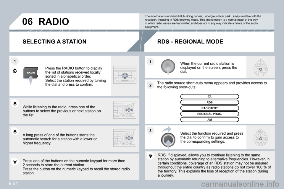 Citroen C8 2010 1.G Owners Manual 9.64
�3
�2
�1
�1
�0�6
�S�E�L�E�C�T�I�N�G� �A� �S�T�A�T�I�O�N� 
  When the current radio station is displayed on the screen, press the dial.  
  The radio source short-cuts menu appears and prov
idesov