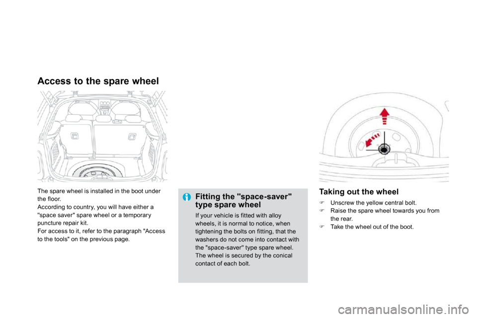 Citroen DS3 DAG 2010 1.G Owners Manual  The spare wheel is installed in the boot under the floor.  According to country, you will have either a "space saver" spare wheel or a temporary puncture repair kit.  For access to it, refer to the p