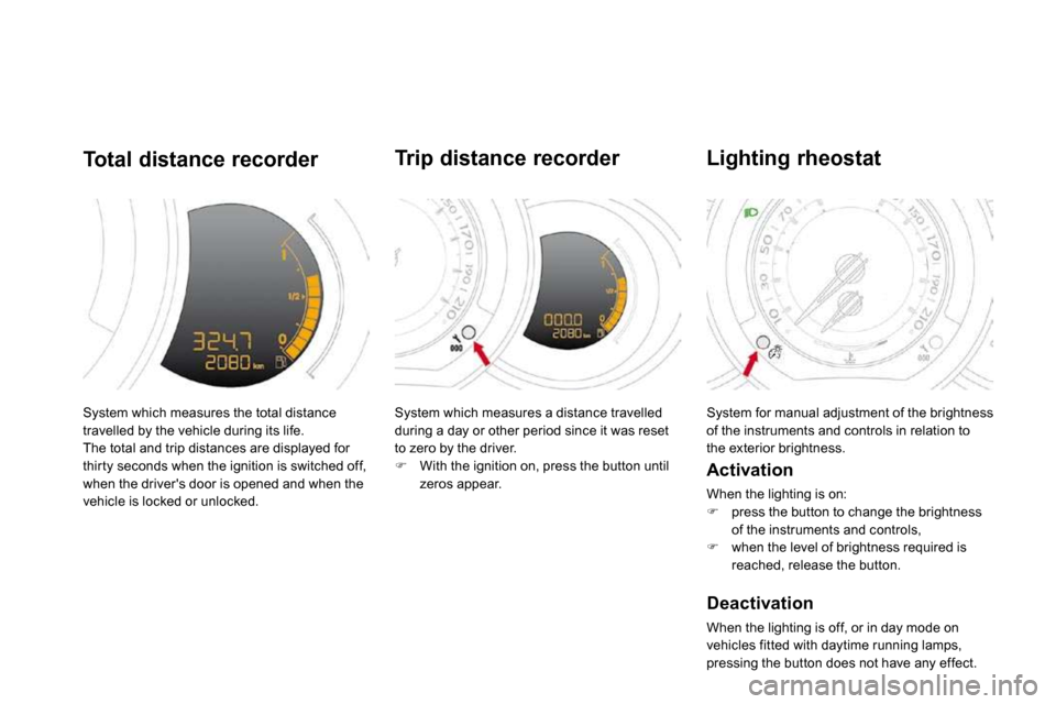 Citroen DS3 DAG 2010 1.G User Guide System which measures the total distance travelled by the vehicle during its life. The total and trip distances are displayed for thir ty seconds when the ignition is switched off, when the drivers Citroen DS3 DAG 2010 1.G User Guide System which measures the total distance travelled by the vehicle during its life. The total and trip distances are displayed for thir ty seconds when the ignition is switched off, when the drivers