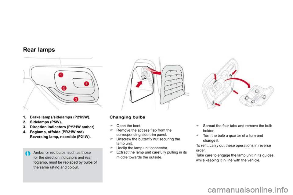 Citroen DS3 DAG 2010 1.G Owners Manual 1.    Brake lamps/sidelamps (P21/5W).2.    Sidelamps (P5W).3.    Direction indicators (PY21W amber)
4.    Foglamp, offside (PR21W red)   Reversing lamp, nearside (P21W).
Rear lamps 
 Amber or red bulb