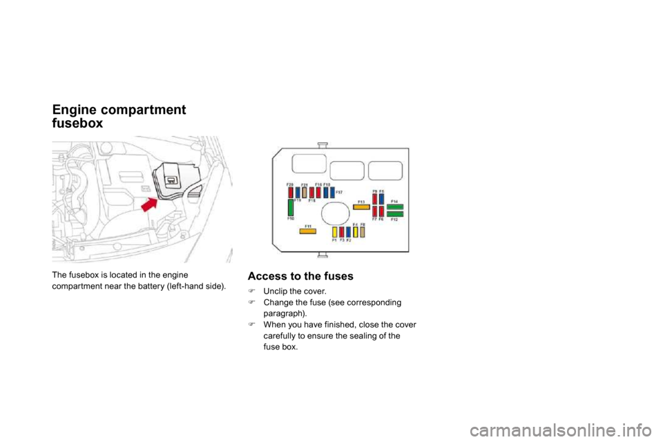 Citroen DS3 DAG 2010 1.G Owners Manual   Engine compartment 
fusebox 
 The fusebox is located in the engine compar tment near the battery (left-hand side).   Access to the fuses 
�   Unclip the cover. �   Change the fuse (see corresp