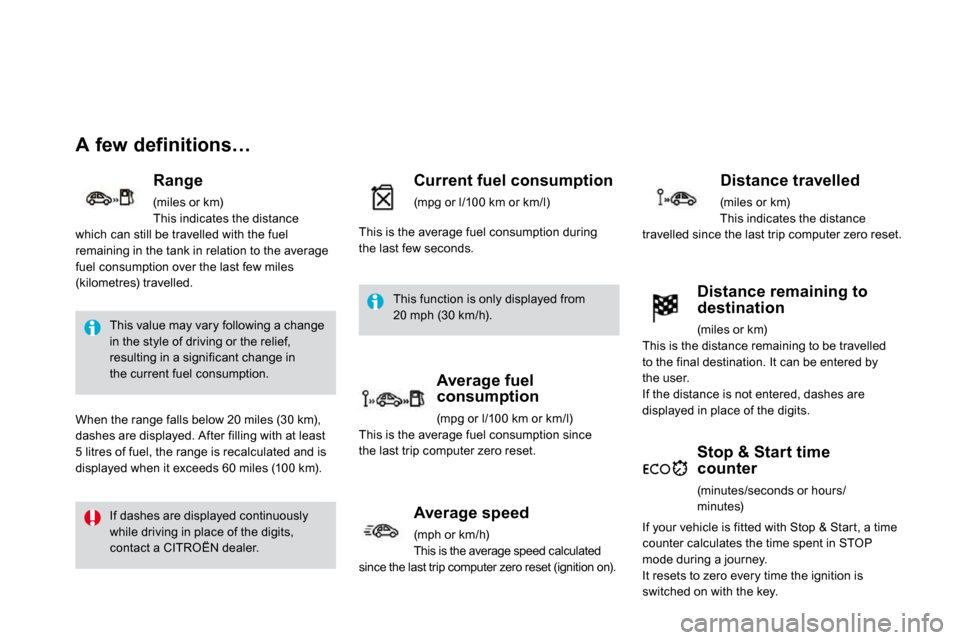 Citroen DS3 DAG 2010 1.G User Guide       A few definitions… 
  Range 
 (miles or km)  This indicates the distance which can still be travelled with the fuel remaining in the tank in relation to the average fuel consumption over the l