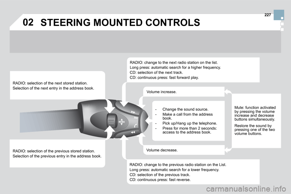 Citroen DS3 DAG 2010 1.G Owners Manual 02227 STEERING MOUNTED CONTROLS 
� � �R�A�D�I�O�:� �s�e�l�e�c�t�i�o�n� �o�f� �t�h�e� �p�r�e�v�i�o�u�s� �s�t�o�r�e�d� �s�t�a�t�i�o�n�.� 
 Selection of the previous entry in the address book.  
� � � �R