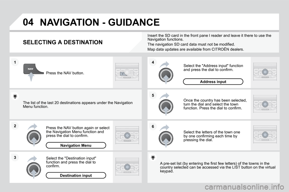 Citroen DS3 DAG 2010 1.G Owners Guide 04
1
2
3
5 
6
4
 NAVIGATION - GUIDANCE 
                SELECTING A DESTINATION 
  Press the NAV button again or select the Navigation Menu function and �p�r�e�s�s� �t�h�e� �d�i�a�l� �t�o� �c�o�n�ﬁ�