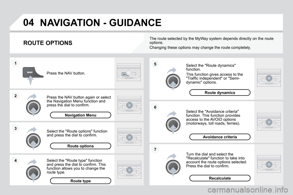 Citroen DS3 DAG 2010 1.G Owners Manual 04
4
3
2
1
7
6
5
 NAVIGATION - GUIDANCE 
  ROUTE OPTIONS 
  Select the "Route dynamics" function. 
 This function gives access to the �"�T�r�a�f�ﬁ� �c� �i�n�d�e�p�e�n�d�e�n�t�"� �o�r� �"�S�e�m�i�-dy