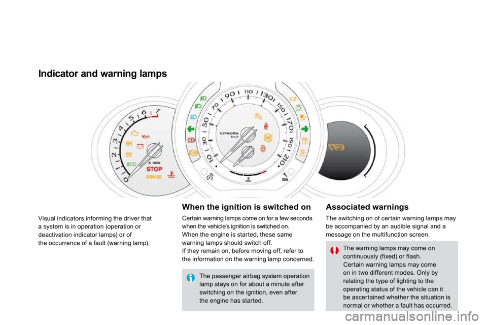 Citroen DS3 DAG 2010 1.G Owners Manual  Visual indicators informing the driver that a system is in operation (operation or deactivation indicator lamps) or ofthe occurrence of a fault (warning lamp). 
Indicator and warning lamps 
  When th