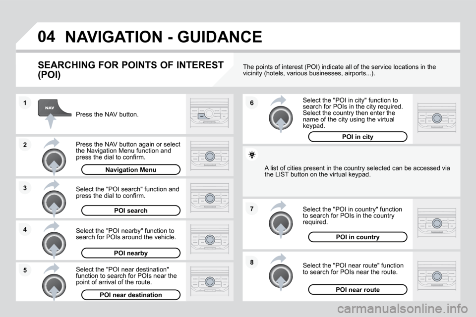 Citroen DS3 DAG 2010 1.G Owners Guide 04
8
6 
7
4
3
5
2
1
 NAVIGATION - GUIDANCE 
  SEARCHING FOR POINTS OF INTEREST  
(POI) 
  Press the NAV button.  
  Press the NAV button again or select the Navigation Menu function and �p�r�e�s�s� �t