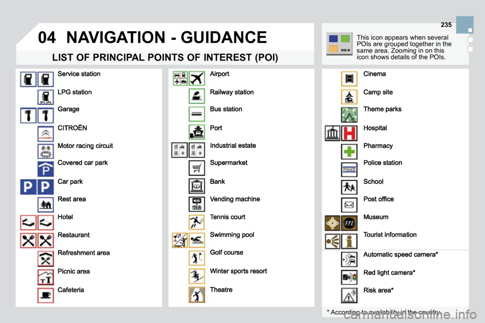 Citroen DS3 DAG 2010 1.G Owners Manual 04
235
 NAVIGATION - GUIDANCE 
  LIST OF PRINCIPAL POINTS OF INTEREST (POI) 
  *   According to availability in the country.  
 This icon appears when several POIs are grouped together in the same are