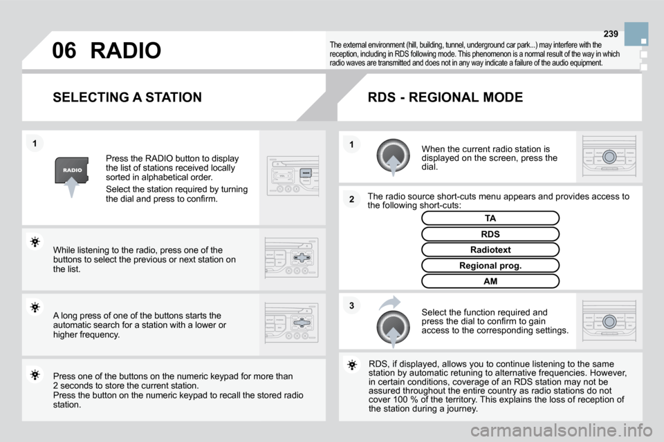 Citroen DS3 DAG 2010 1.G Owners Guide 06
3
2
1
1
239
SELECTING A STATION 
  When the current radio station is displayed on the screen, press the dial.  
  The radio source short-cuts menu appears and provides access to The radio source sh