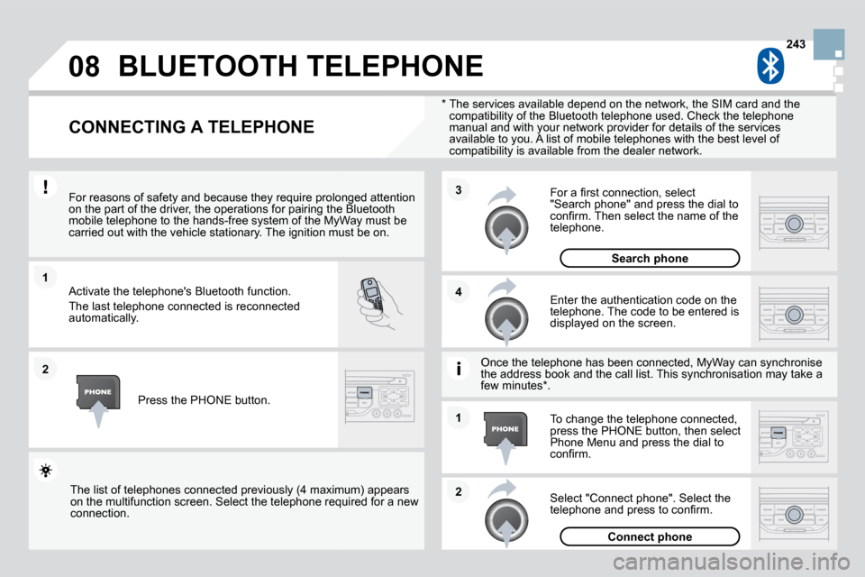 Citroen DS3 DAG 2010 1.G Owners Manual 08
1
2
3
2
1
4
243
  *    The services available depend on the network, the SIM 
card and the compatibility of the Bluetooth telephone used. Check the t elephone manual and with your network provider 