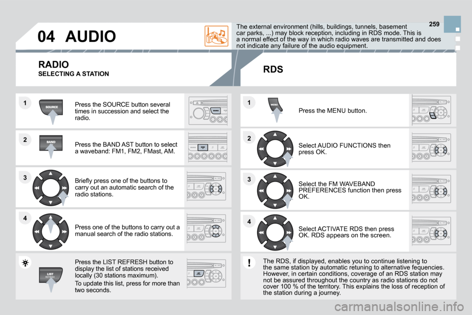 Citroen DS3 DAG 2010 1.G Service Manual 04
11
22
33
44
22
44
33
11
259
 AUDIO 
 Press the SOURCE button several times in succession and select the radio.  
  Press the BAND AST button to select �a� �w�a�v�e�b�a�n�d�:� �F�M�1�,� �F�M�2�,� �F