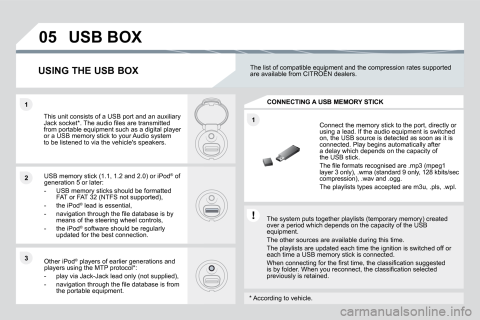 Citroen DS3 DAG 2010 1.G Owners Manual 11
22
33
05
11
 USB BOX 
� � �T�h�e� �s�y�s�t�e�m� �p�u�t�s� �t�o�g�e�t�h�e�r� �p�l�a�y�l�i�s�t�s� �(�t�e�m�p�o�r�a�r�y� �m�e�m�o�r�y�)� �c�r�e�a�t�e�d� over a period which depends on the capacity of 