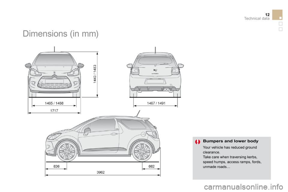 Citroen DS3 DAG 2010 1.G Owners Manual 12Technical data
      Dimensions (in mm) 
   Bumpers and lower body 
 Your vehicle has reduced ground clearance.  Take care when traversing kerbs, 
speed humps, access ramps, fords, unmade roads…  