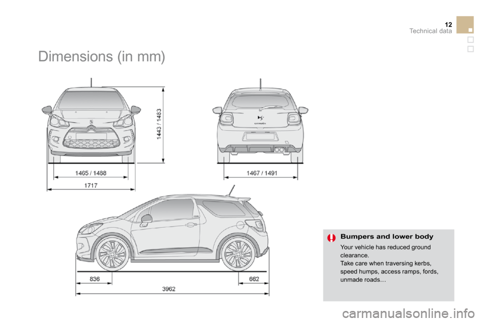 Citroen DS3 DAG 2010 1.G Owners Manual 12Technical data
Dimensions (in mm)
Bumpers and lower body
Your vehicle has reduced ground clearance. Take care when traversing kerbs,
speed humps, access ramps, fords, unmade roads… Citroen DS3 DAG 2010 1.G Owners Manual 12Technical data
Dimensions (in mm)
Bumpers and lower body
Your vehicle has reduced ground clearance. Take care when traversing kerbs,
speed humps, access ramps, fords, unmade roads…