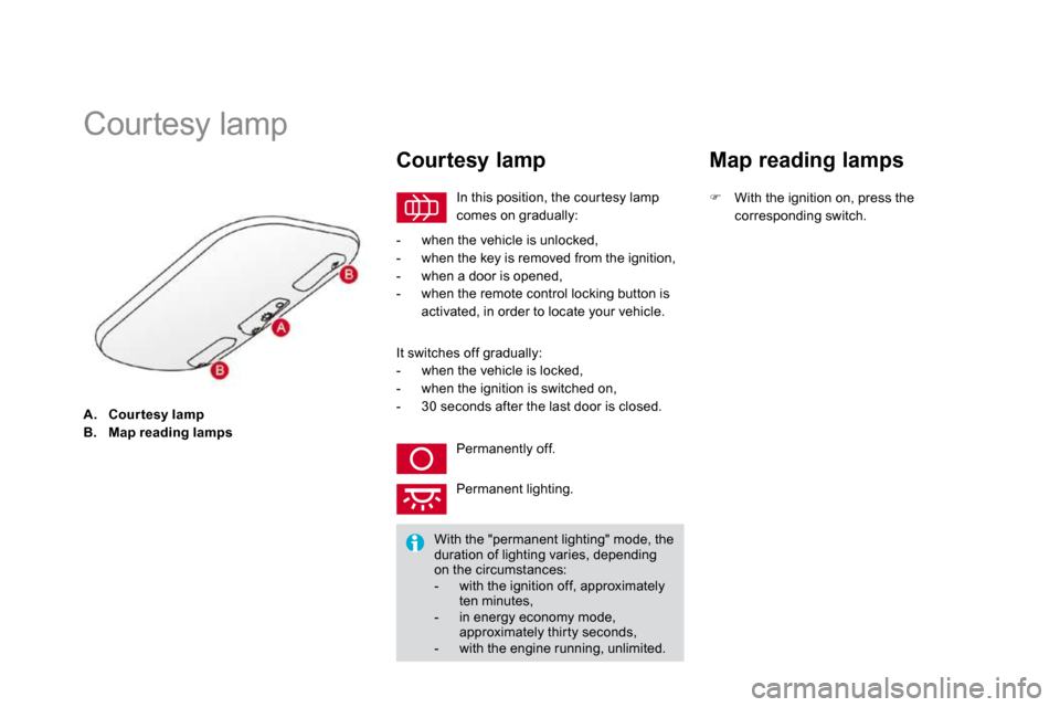 Citroen DS3 DAG 2010 1.G User Guide A.    Cour tesy lampB.    Map reading lamps
            Courtesy lamp 
 In this position, the cour tesy lamp comes on gradually: 
  Courtesy lamp 
   -   when the vehicle is unlocked,   -   when the k