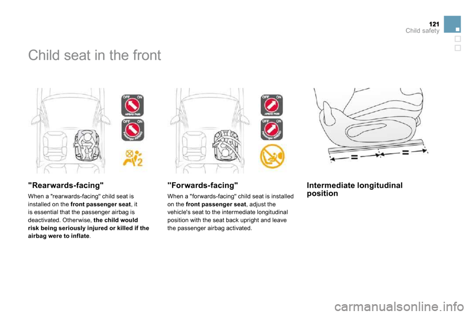 Citroen DS3 DAG 2010 1.G Owners Manual Child safety
 Child seat in the front  
  "Rearwards-facing" 
 When a "rear wards-facing" child seat is installed on the  front passenger seat , it is essential that the passenger airbag is deactivate
