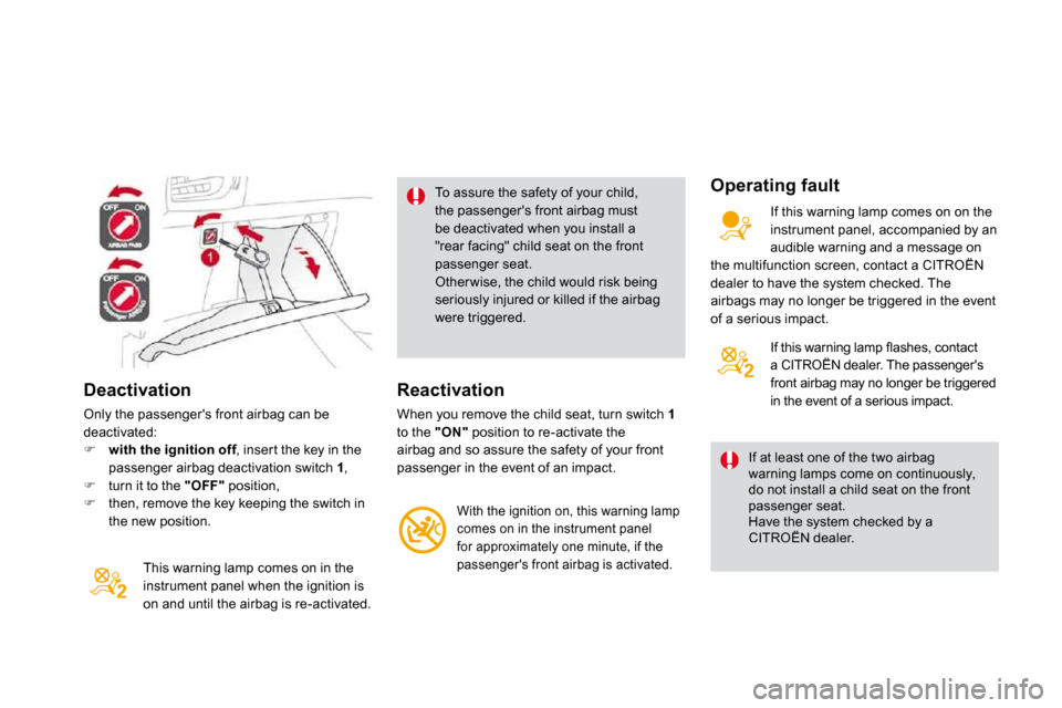 Citroen DS3 2010 1.G Owners Manual   Deactivation 
 Only the passengers front airbag can be deactivated: �    with the ignition off , inser t the key in the n offpassenger airbag deactivation switch  1 , �   turn it to the  "OFF