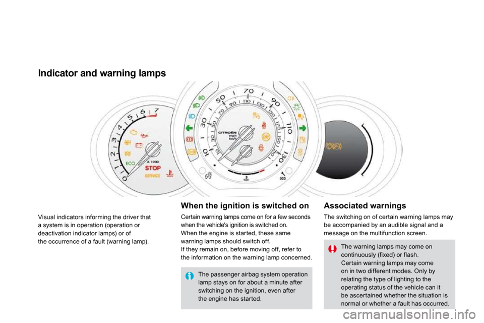 Citroen DS3 2010 1.G Owners Manual  Visual indicators informing the driver that a system is in operation (operation or deactivation indicator lamps) or ofthe occurrence of a fault (warning lamp). 
Indicator and warning lamps 
  When th
